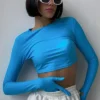 Women Summer Solid Round Neck Long Sleeve Glove Crop T-Shirt
