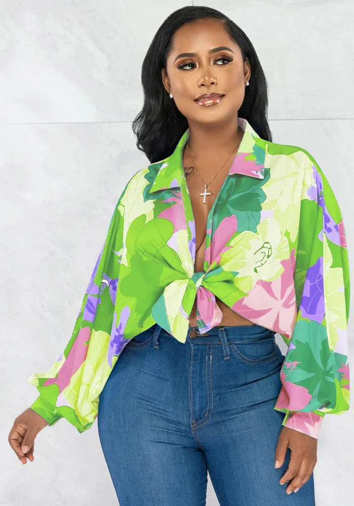 Women's Bat Sleeves Top Turndown Collar Print Shirt - Image 7