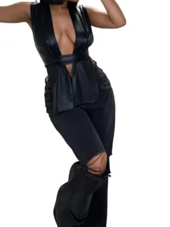 Ladies Sexy Irregular Pu Leather Tie Women's Tops