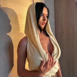 Women Summer Solid Color Casual Sleeveless Hooded Drawstring Deep V Neck Top