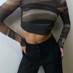 Summer Women Printed Mesh Sexy Backless Crop T-Shirt