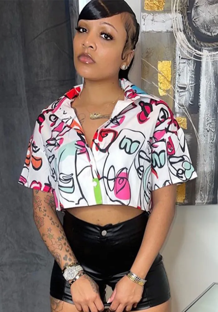 Summer Shirt Women's Cropped Top Print Short Sleeve Lining - Image 3