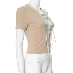 Women American Sexy V Neck Lace-Up Crop Top