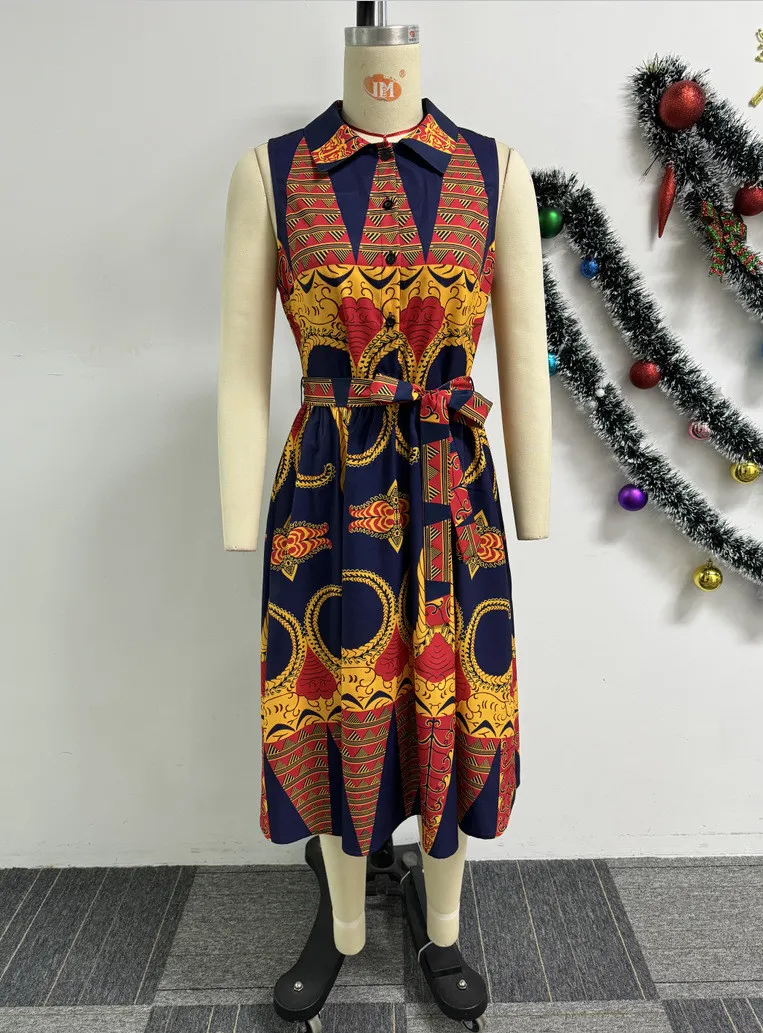 Sexy Printed Turndown Collar Sleeveless Slim Waist African Dress - Image 6