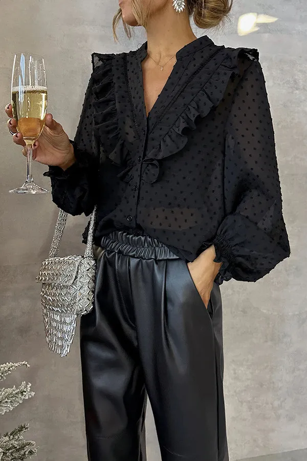 Spring Ruffled Lantern Sleeve Chic Career Buttoned Long Sleeve Shirt - Image 4