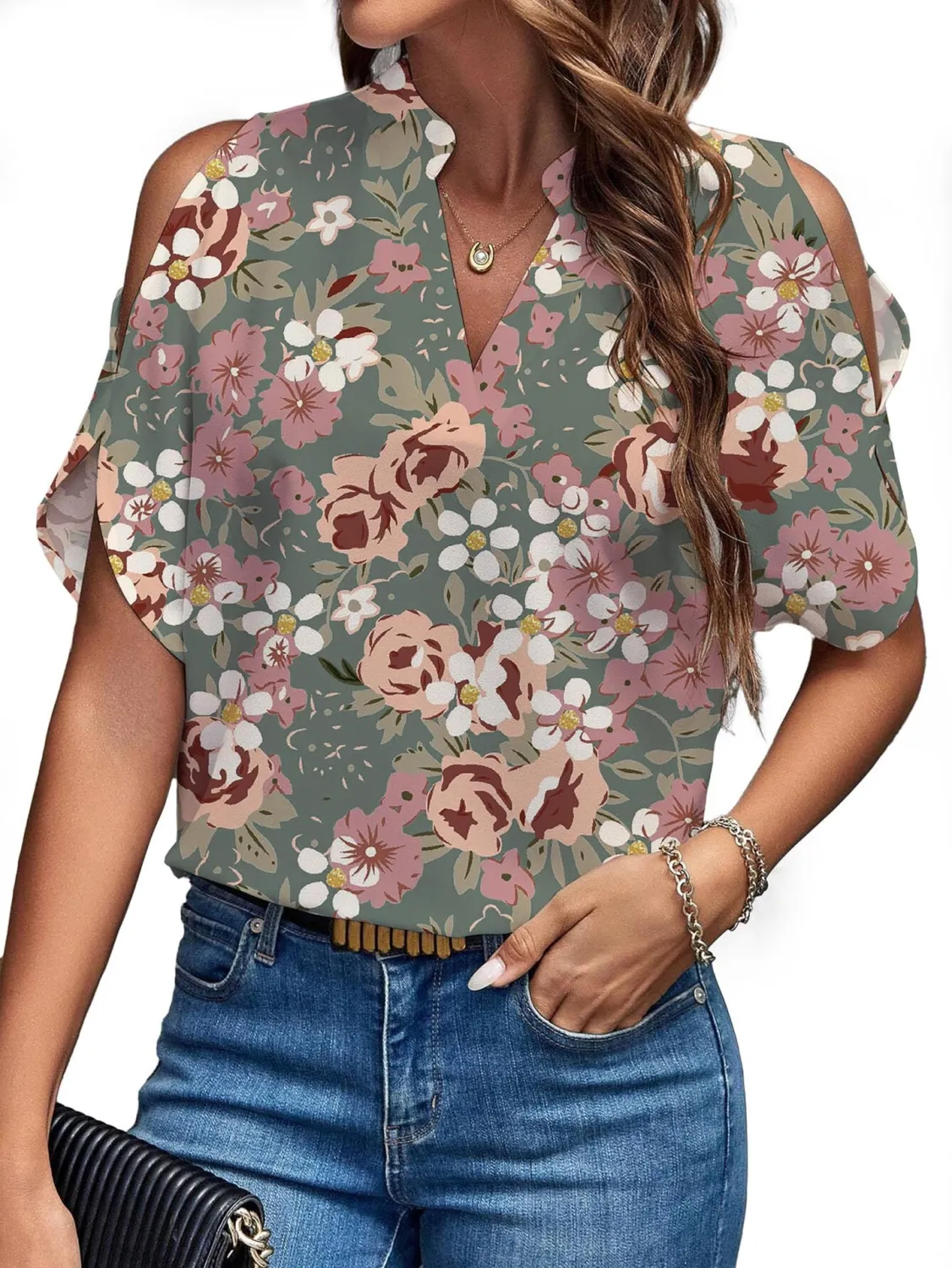 Women's Summer Solid Color V-Neck Cutout Short Sleeves Chic Fashion Women's Top - Image 7