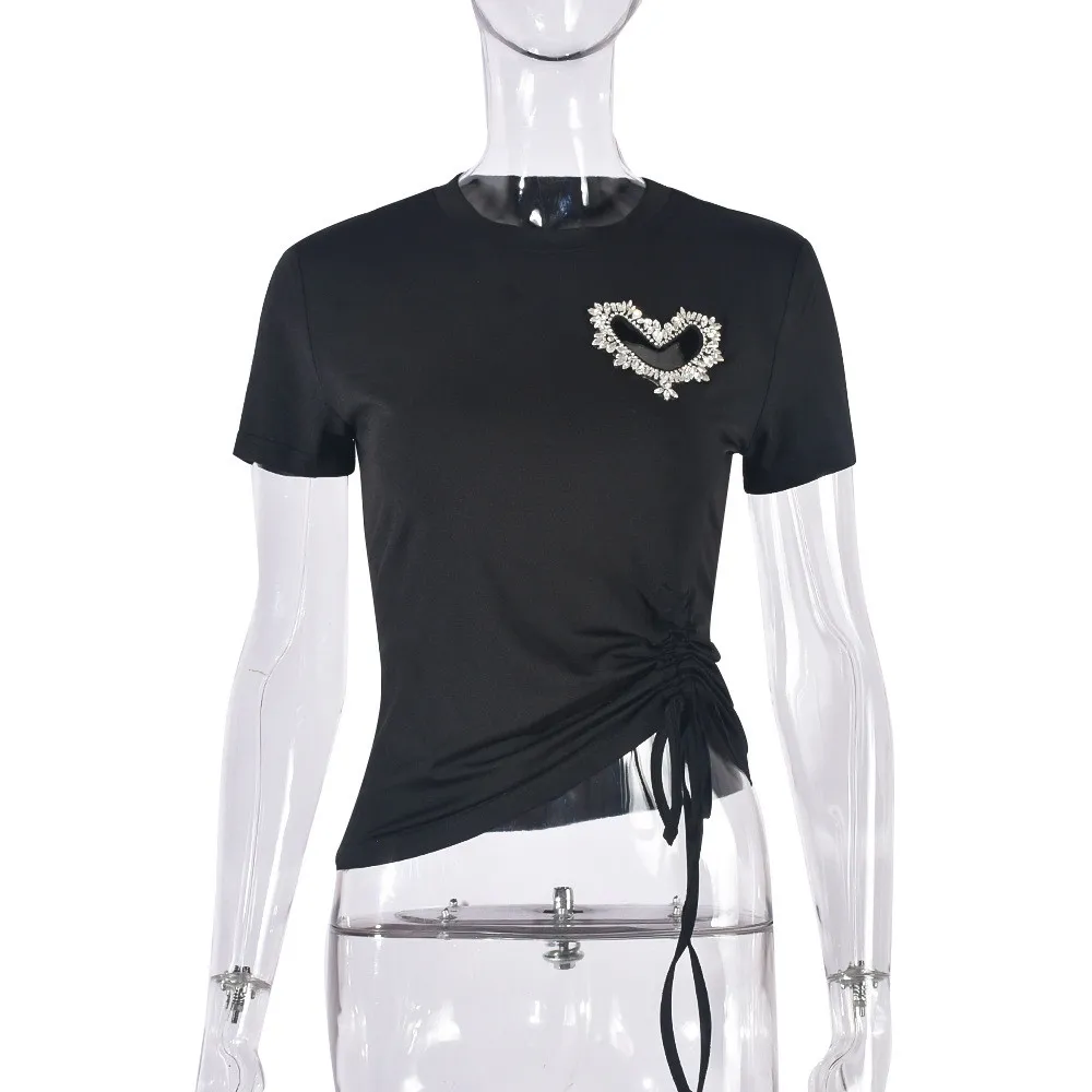 Summer T-Shirt Round Neck Heart Beaded Hollow Drawstring Solid Color Short Sleeve Women's Top - Image 6