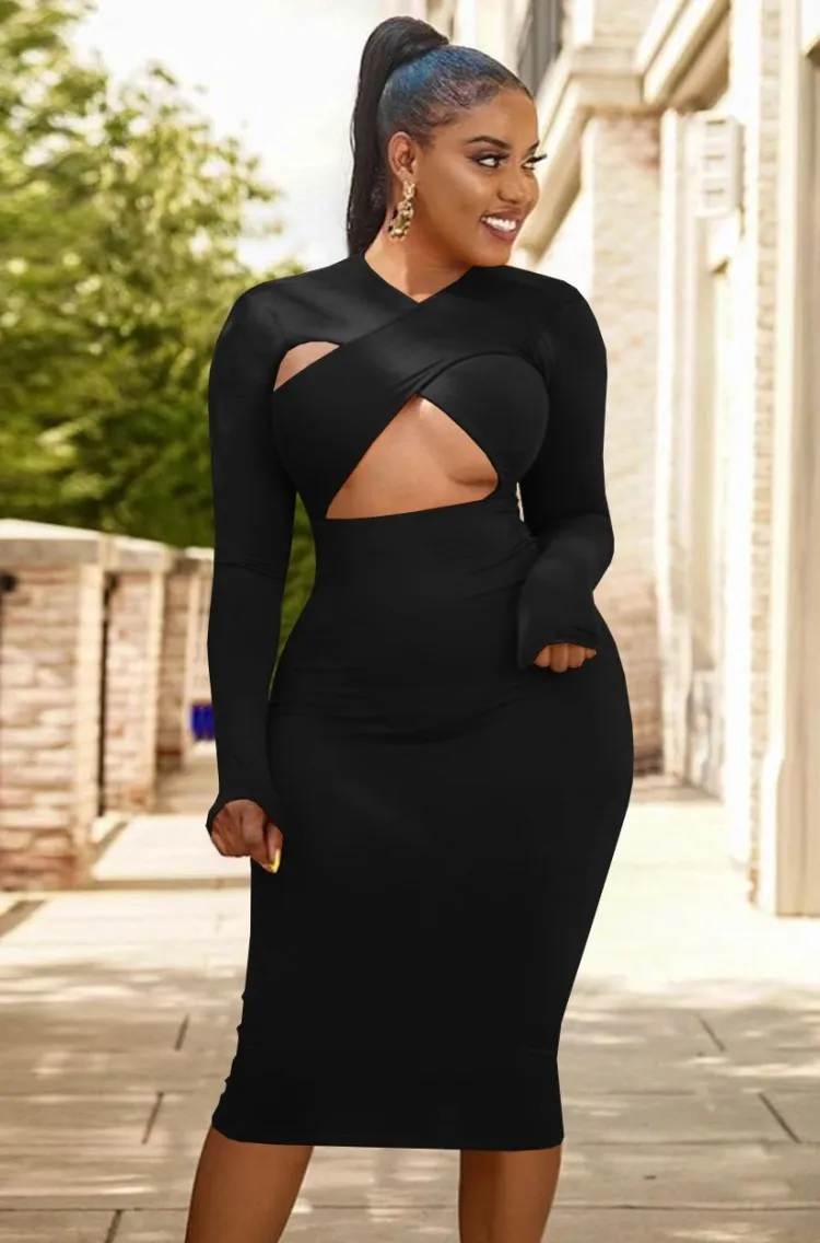 Women Spring Black Sexy O-Neck Full Sleeves Solid Hollow Out Midi Sheath Club Dress - Image 3