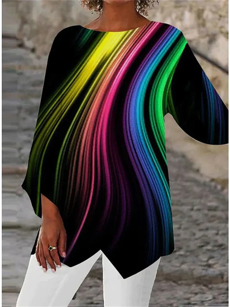 Spring/Summer Geometric Print Long Sleeve Patchwork Round Neck Shirt - Image 9