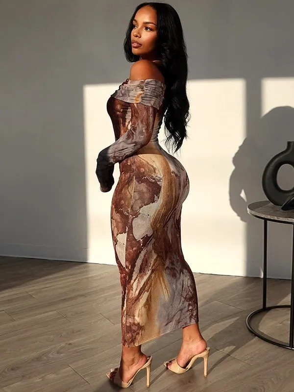 Women's Retro Fashion Print Sexy Off Shoulder Long Sleeve Trendy Dress - Image 12