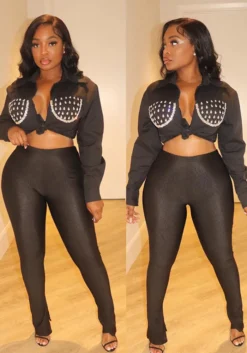 Women Fall Beaded Turndown Collar Long Sleeve Shirt