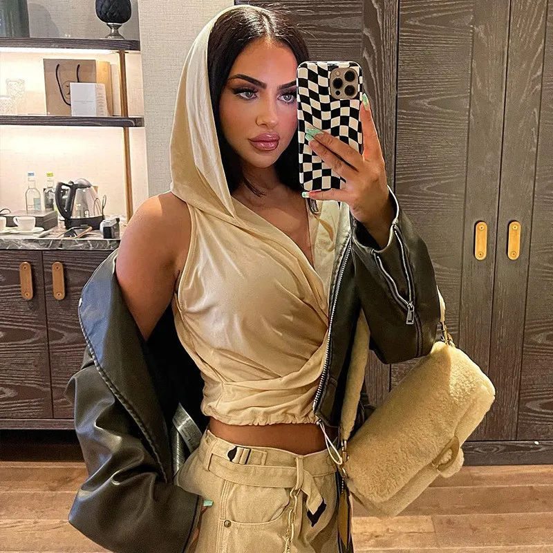 Women Summer Solid Color Casual Sleeveless Hooded Drawstring Deep V Neck Top - Image 11