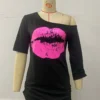 Lips Print Short-sleeved T-shirt Women Off-the-shoulder Irregular Sleeve Length Fashion Slim Top