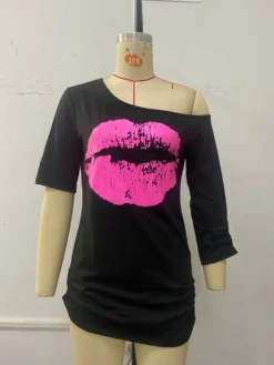 Lips Print Short-sleeved T-shirt Women Off-the-shoulder Irregular Sleeve Length Fashion Slim Top