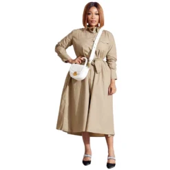 Spring Summer Casual Long Sleeve Turndown Collar Loose Shirt Dress For Women