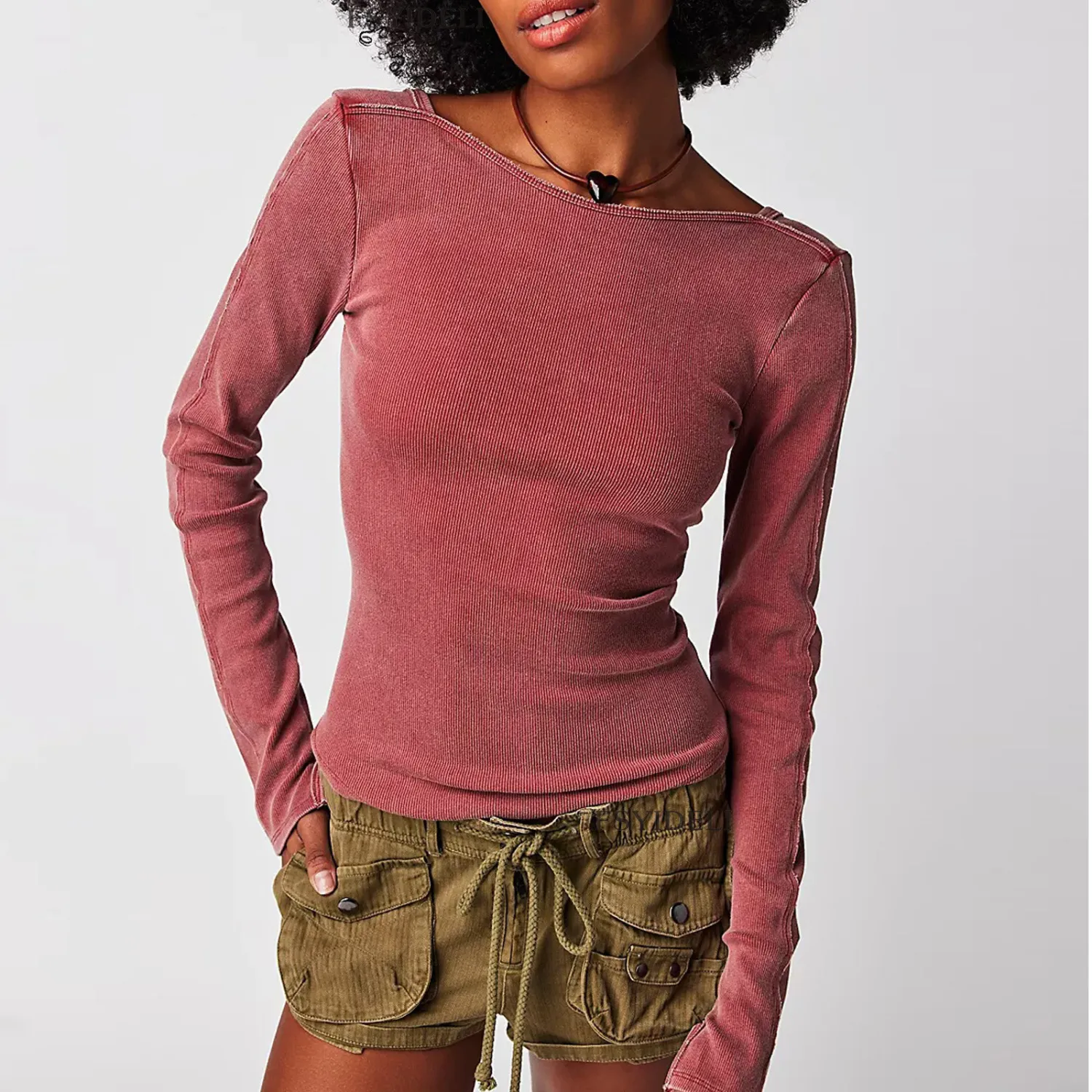 Spring And Autumn Solid Color Round Neck Sexy Open Back Ribbed T-Shirt Tops For Women - Image 3