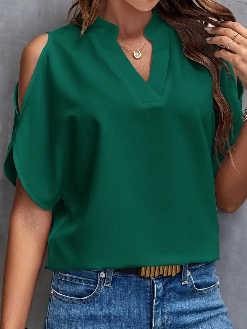 Women's Summer Solid Color V-Neck Cutout Short Sleeves Chic Fashion Women's Top - Image 18