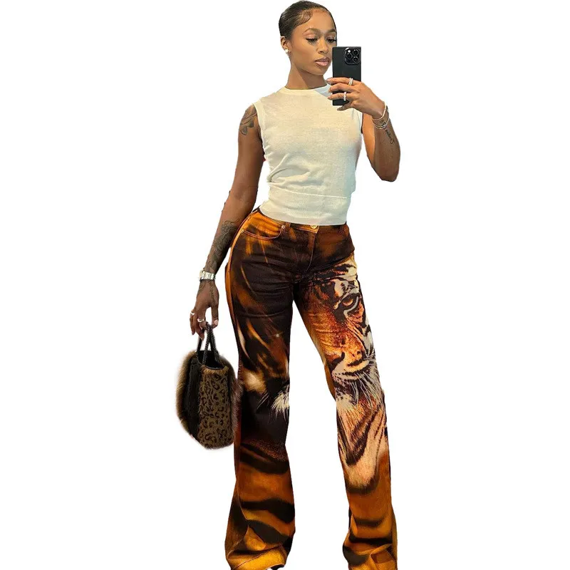 Summer Women's High Waist Digital Printed Fake Pockets Slim Fit Bell Bottom Casual Pants - Image 2