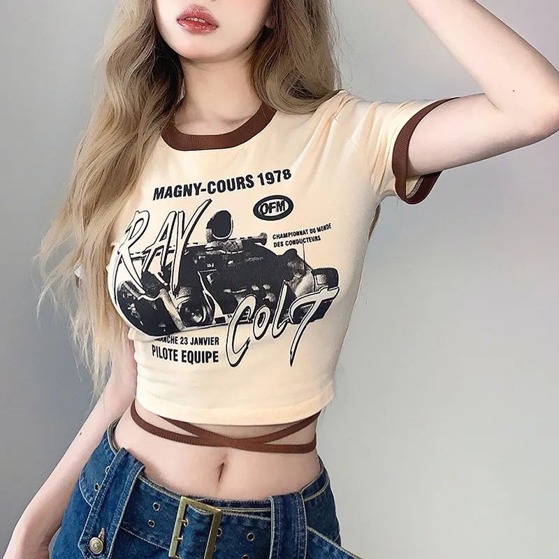 Summer Sexy Slim Fashion Print Round Neck Lace-Up Corset Crop T-Shirt Women - Image 8