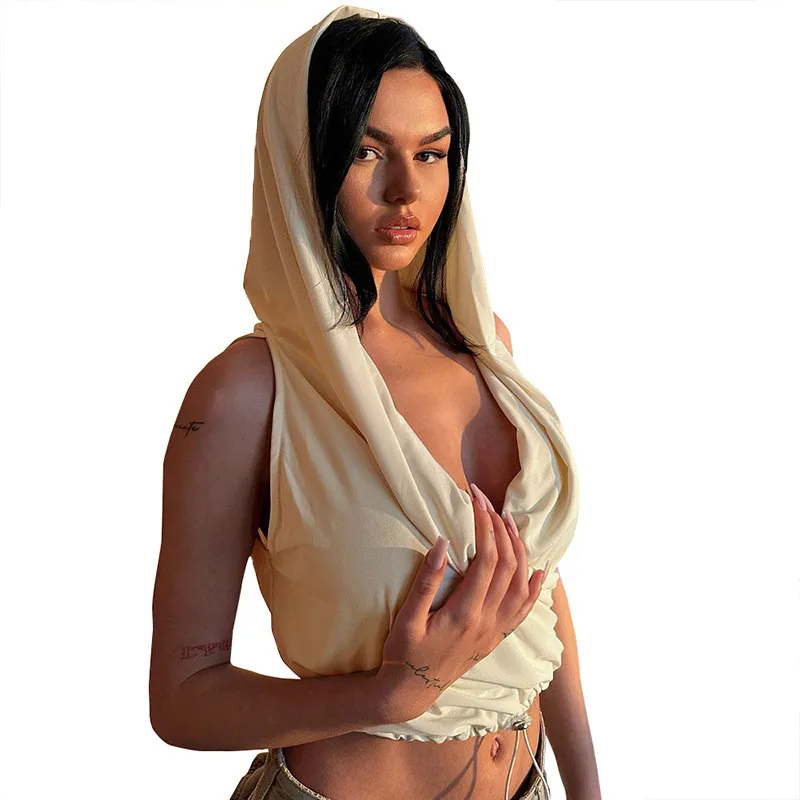 Women Summer Solid Color Casual Sleeveless Hooded Drawstring Deep V Neck Top - Image 8