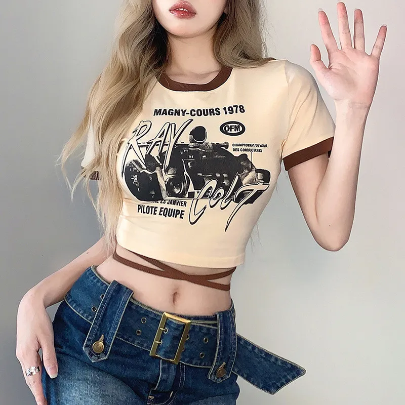 Summer Sexy Slim Fashion Print Round Neck Lace-Up Corset Crop T-Shirt Women - Image 6