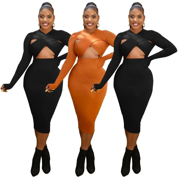 Women Spring Black Sexy O-Neck Full Sleeves Solid Hollow Out Midi Sheath Club Dress - Image 4