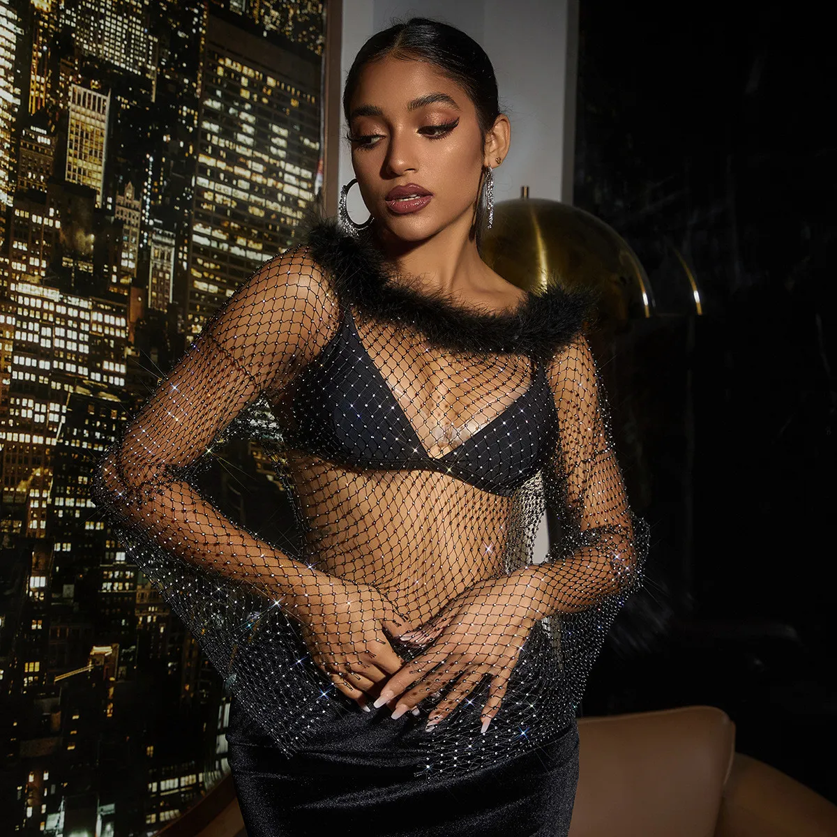 Women's Sparkling Diamond Hollow Long Sleeve Women's T-shirt Fishnet Top - Image 3