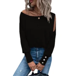 Women Solid Off Shoulder Cuff Button T-Shirt