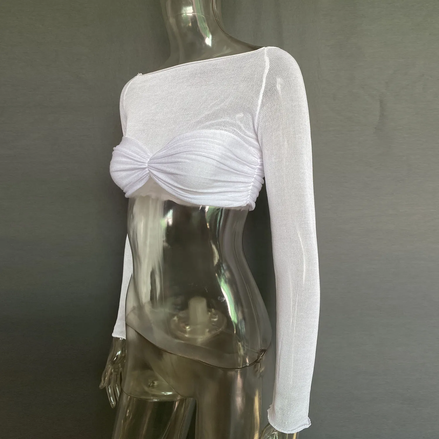 Spring Summer Women'S Off Shoulder See-Through Long Sleeve Cropped Top - Image 6