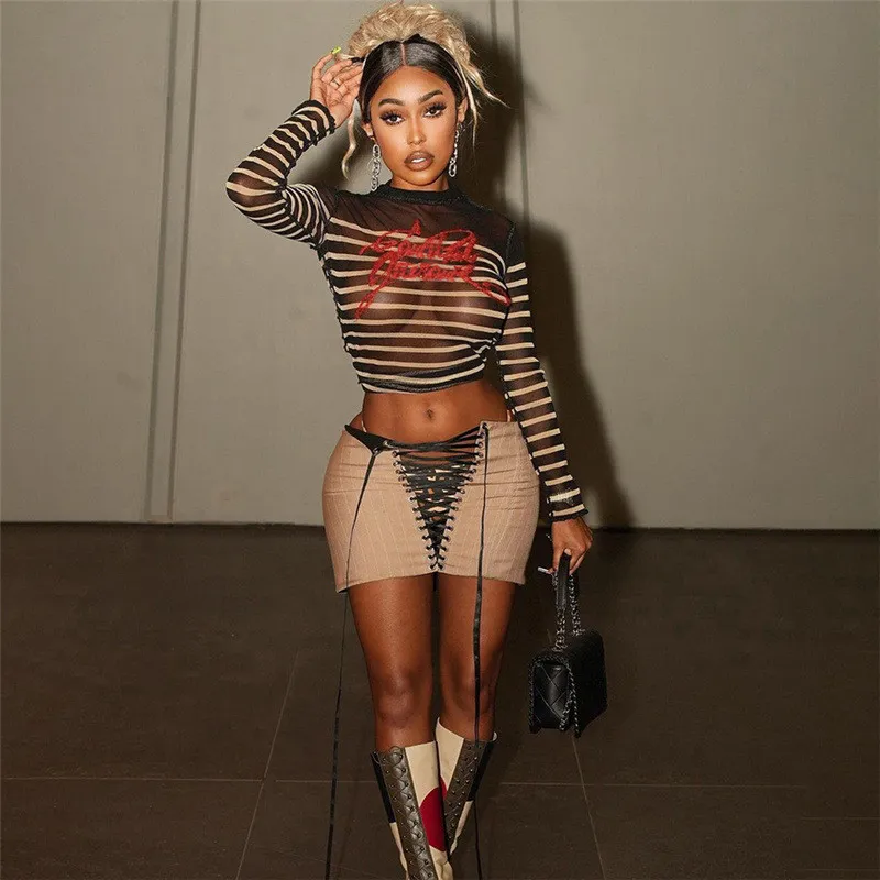 Autumn Women's Fashion Mesh Digital Print Contrast Color Round Neck Slim Top For Women - Image 2