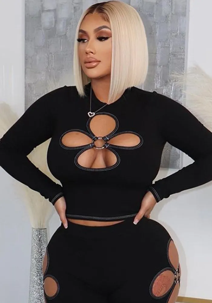 Women Round Neck Four Leaf Cutout Solid Long Sleeve Crop Top - Image 8