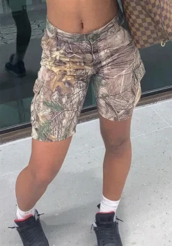Summer Women Casual Leaf Print Pocket High Waist Shorts