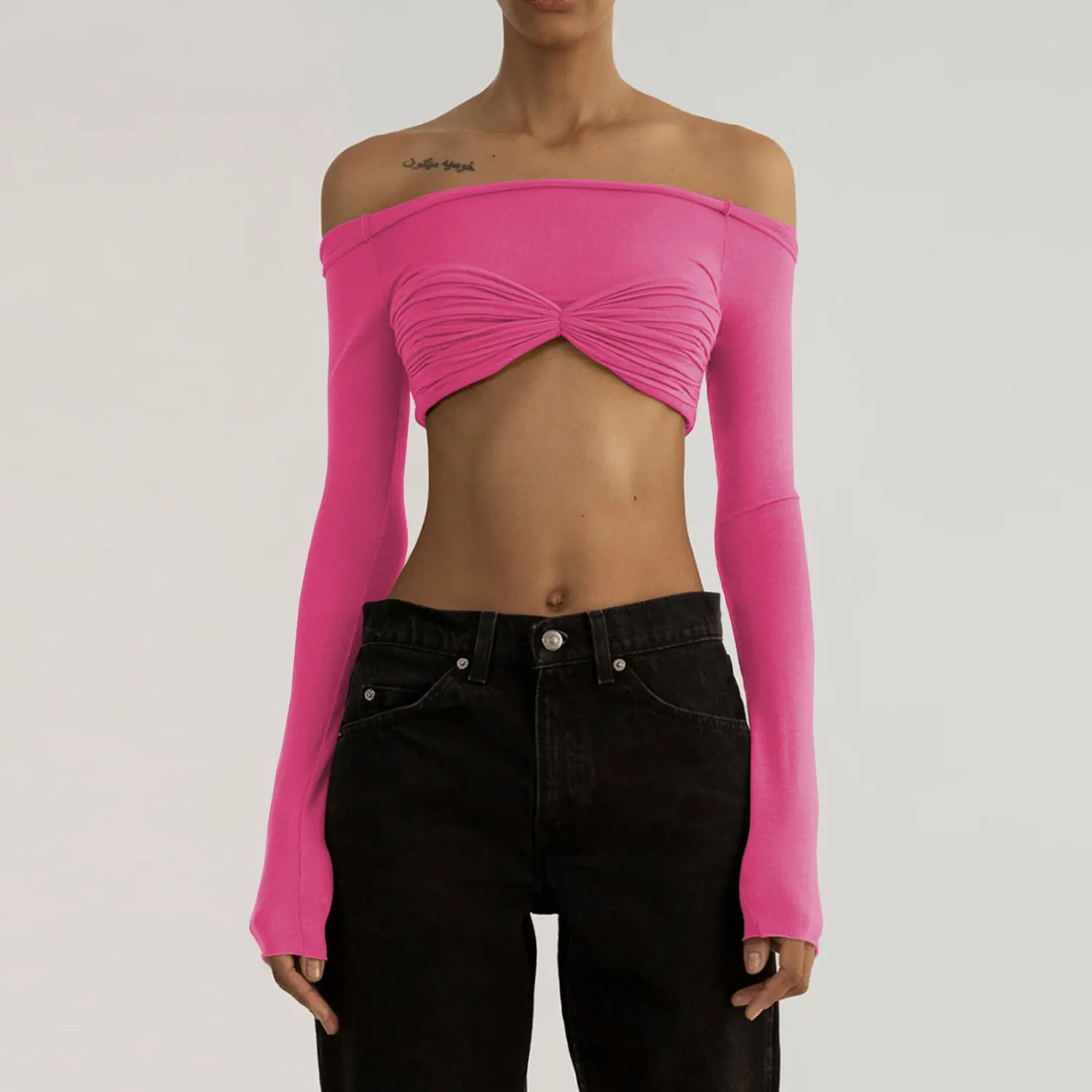Spring Summer Women'S Off Shoulder See-Through Long Sleeve Cropped Top - Image 15