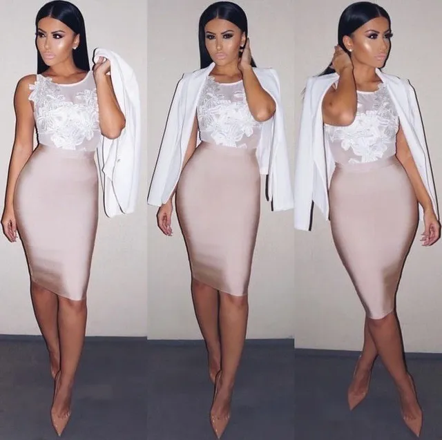 Ladies Fashion Elegant Solid Color Knee Length High Waist Elastic Bodycon Skirt - Image 3