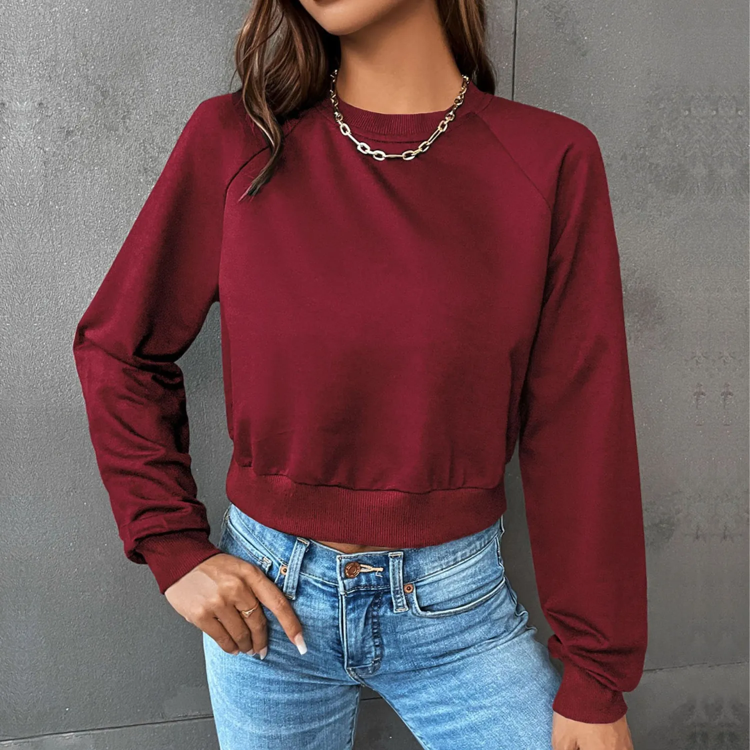 Casual Track Top Cropped Crop Round Neck Hoodies - Image 2