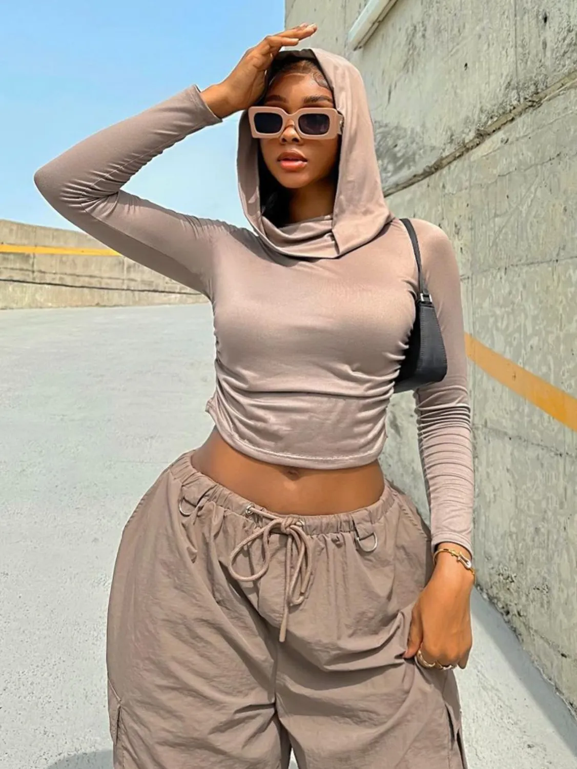 Women's Hooded Top Autumn And Winter Casual Solid Color Long Sleeve Crop T-Shirt For Women - Image 10