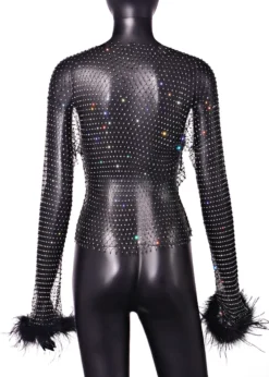 Women Glitter Diamond Mesh Hollow Long Sleeve Women T-Shirt