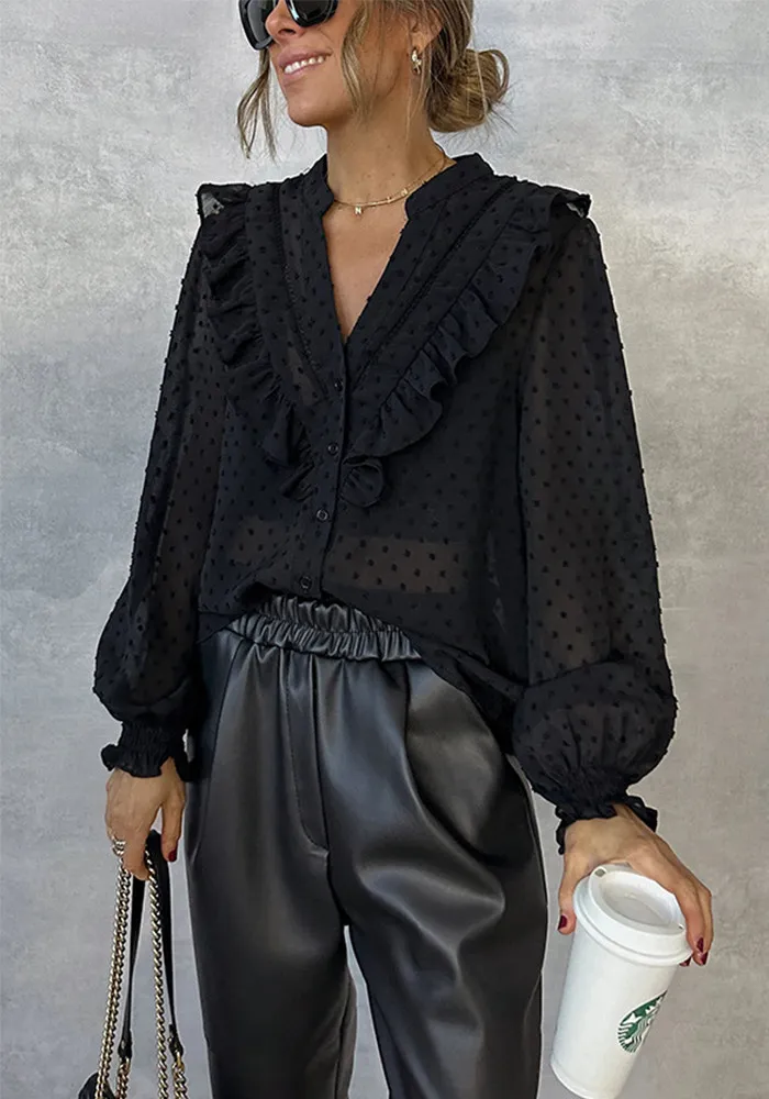 Spring Ruffled Lantern Sleeve Chic Career Buttoned Long Sleeve Shirt - Image 8