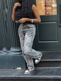 Women's Autumn Street Trendy Letter Printed High Waist Zipper Pocket Pants