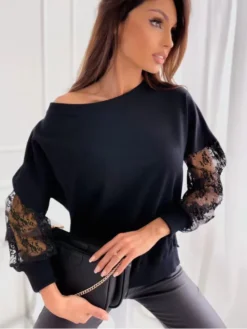 Spring Solid Color Chic Lace Patchwork Slash Shoulder Loose Long-Sleeved Lace Shirt