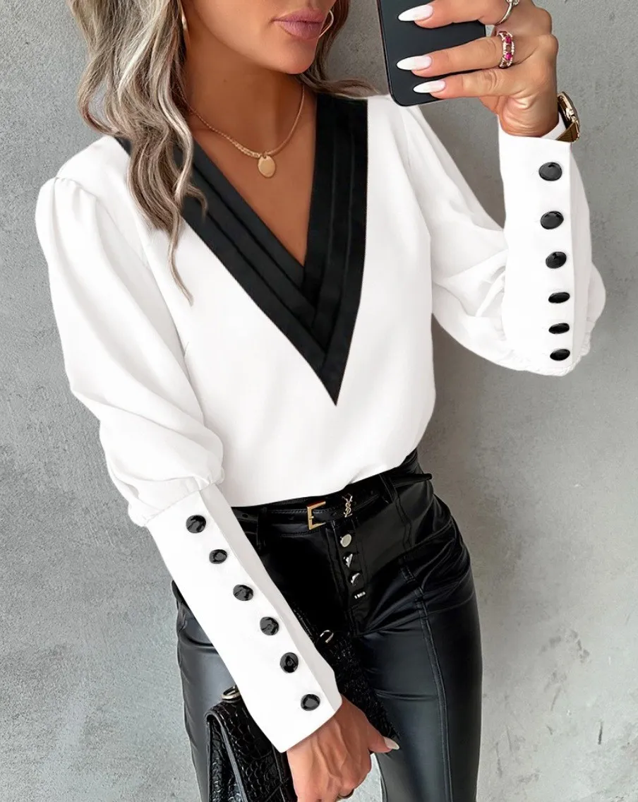Women V Neck Solid Long Sleeve Button Top - Image 6