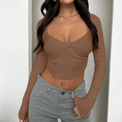 Women Ribbed Knot Square Neck Long Sleeve T-Shirt