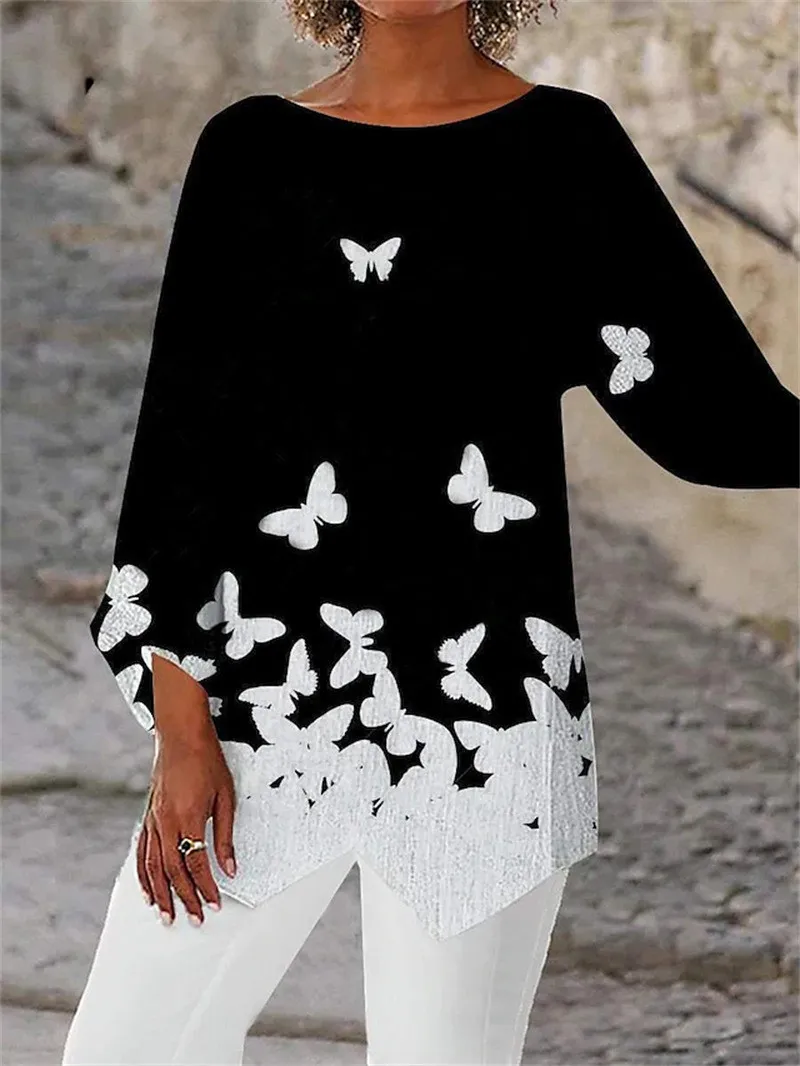 Spring/Summer Geometric Print Long Sleeve Patchwork Round Neck Shirt - Image 11
