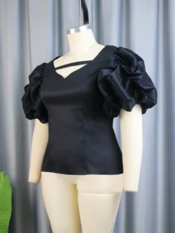 Fashion V-Neck Lantern Sleeve Short Top Casual Slim Waist Slim Fit Women's T-Shirt