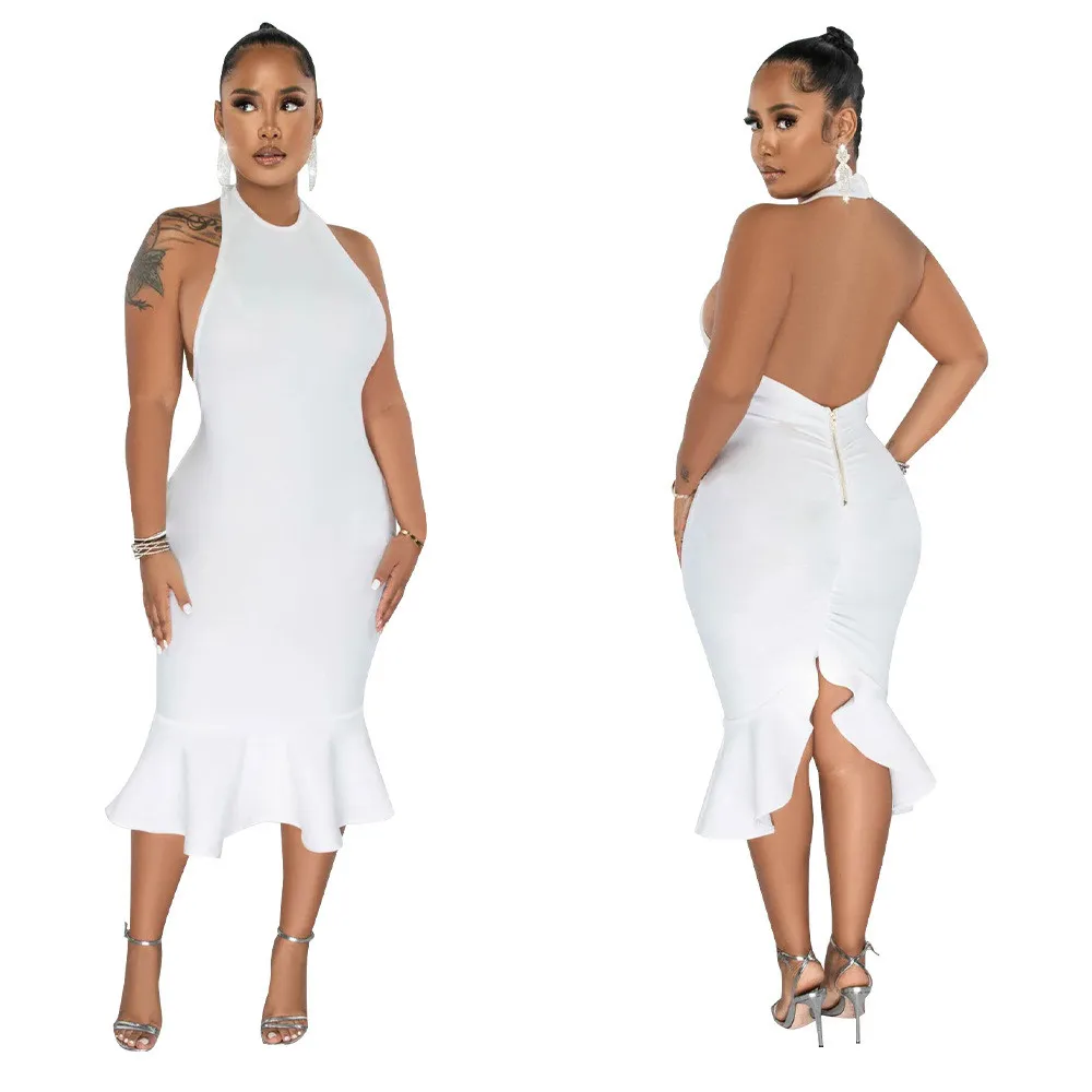 Women's Solid Color Halter Neck Bodycon Mermaid Party Dress - Image 8