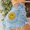 Spring Summer Casual Print Denim Short High Rise Slim Fit Pants