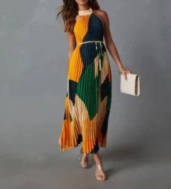 Women Backless Lace-Up Printed Accordion Dress