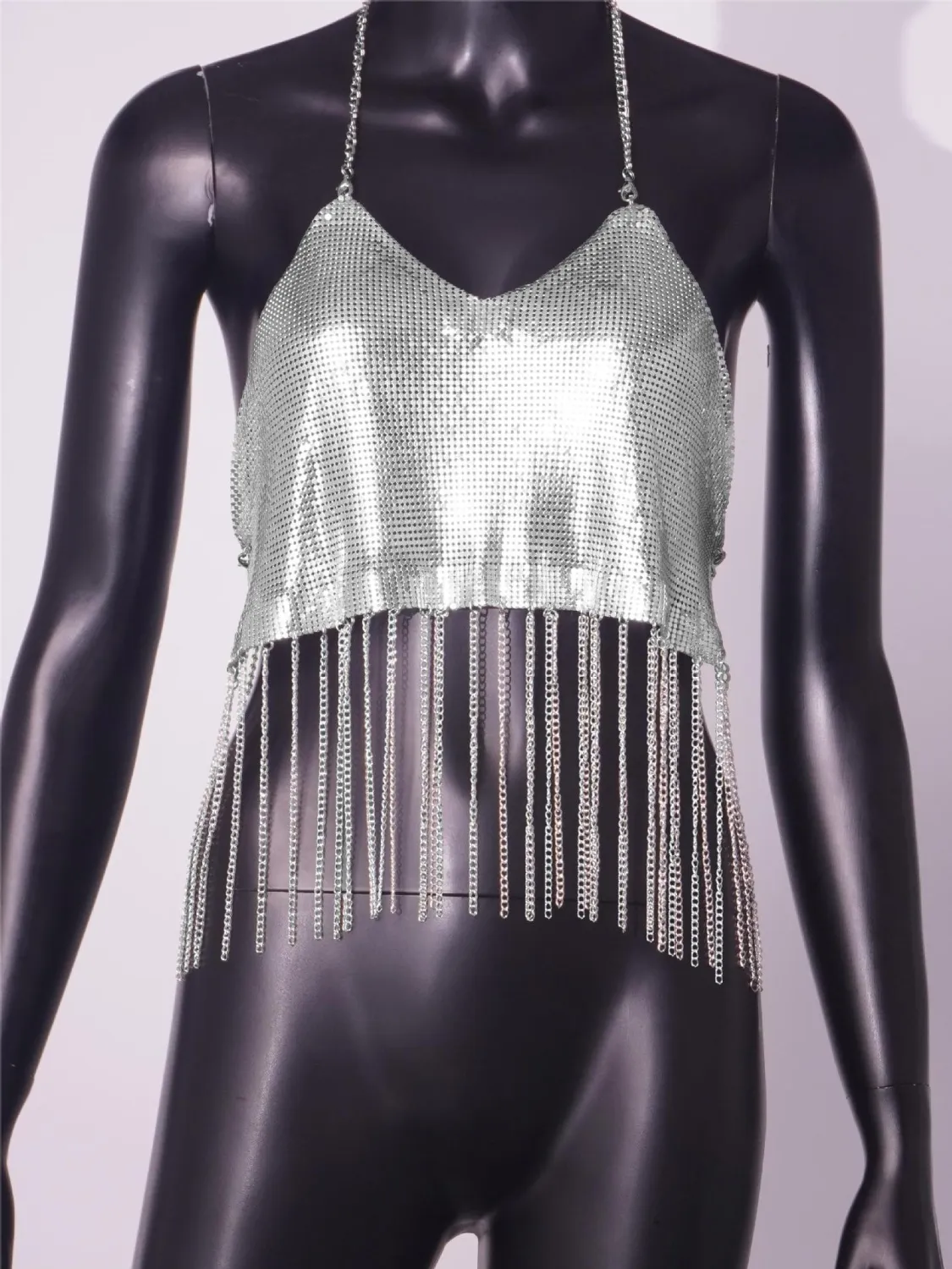Women Slit Metal Sequin Tassel Chain Sling Top - Image 2