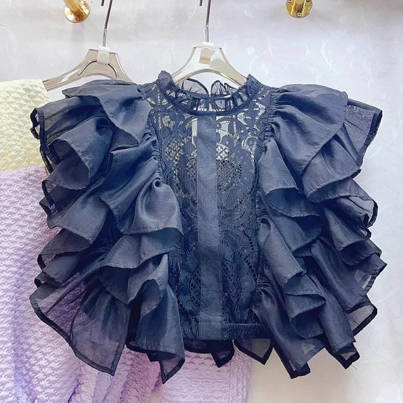 Women Summer French Ruffle Patchwork Crochet Hollow Stand Collar Lace Shirt - Image 10