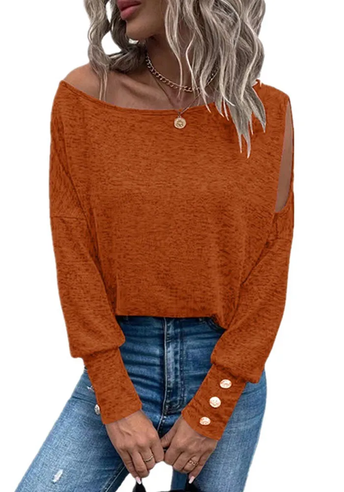 Women Solid Off Shoulder Cuff Button T-Shirt - Image 5